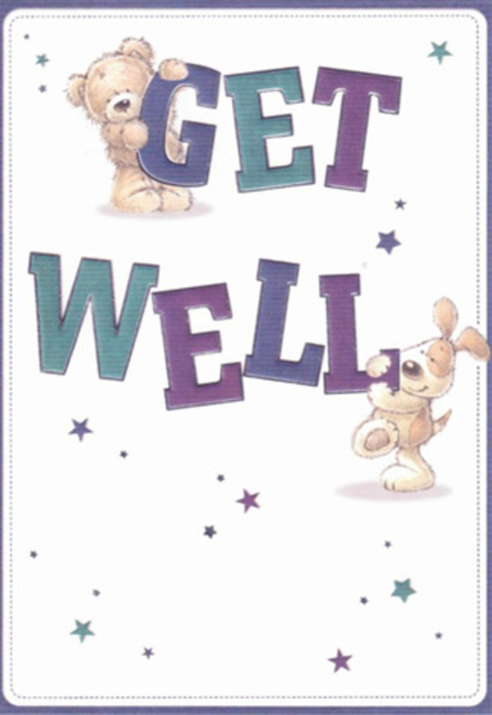 Joy and encouragement practically float off this get well card-a scene alive with the cheerful companionship of a plush bear and a joyful puppy. Surrounded by gleaming stars in shades of teal and purple, these two innocent friends seem to spread healing wishes beyond the edges of their paper world. The large, confident typography, shaded in vibrant aquas and purples, grounds the card with a mood of support and hope, similar to the feeling one receives when opening a thoughtfully arranged bouquet from an Osidge flower shop after a stroll through Brunswick Park. The rendering is so textured and vivid you can almost feel the fluffy fur of the bear and the puppy's velvety ears through the design. Light pours in from a pale, pristine background, reflecting Osidge's friendly local vibe. Imagine gifting this card alongside a hand-delivered bouquet-a perfect pairing of colour and compassion to lift someone's spirits on nearby Chase Side. The scene's airy, fresh appeal makes it suitable for anyone, young or old, offering a sense of unwavering care that brightens any Osidge recovery day.